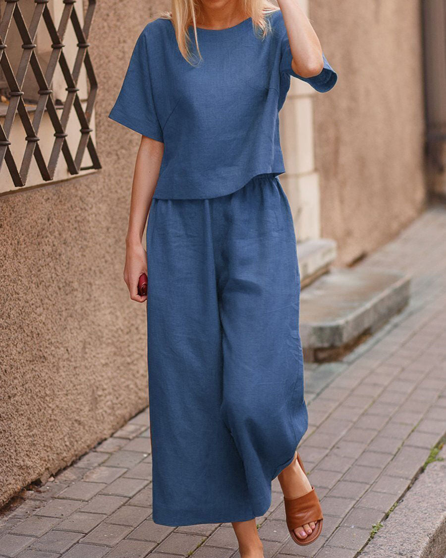 Linen casual loose solid color plus size suit two piece set