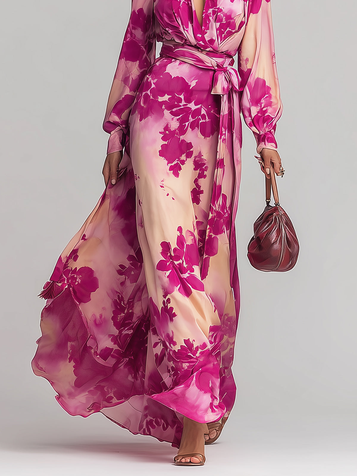 Romantic Rose-red Floral V-neck Long Dress With Tie Waist