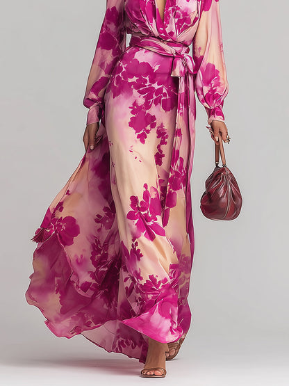 Romantic Rose-red Floral V-neck Long Dress With Tie Waist