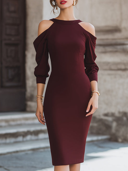Elegant Cold-Shoulder Long Sleeve Midi Dress