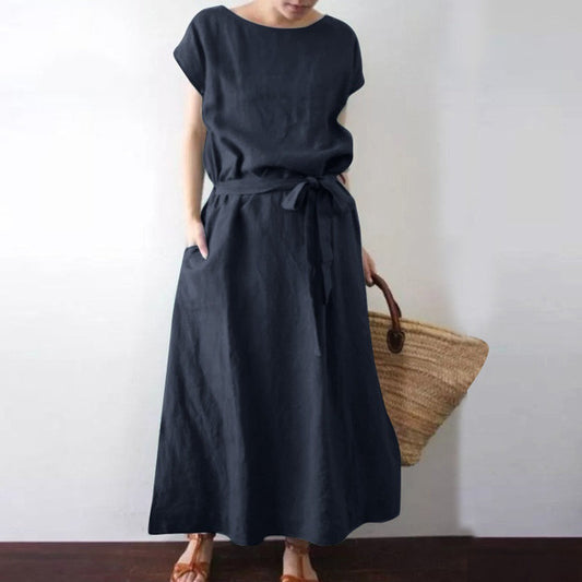 Round Neck Solid Color Cotton Linen Long Dress