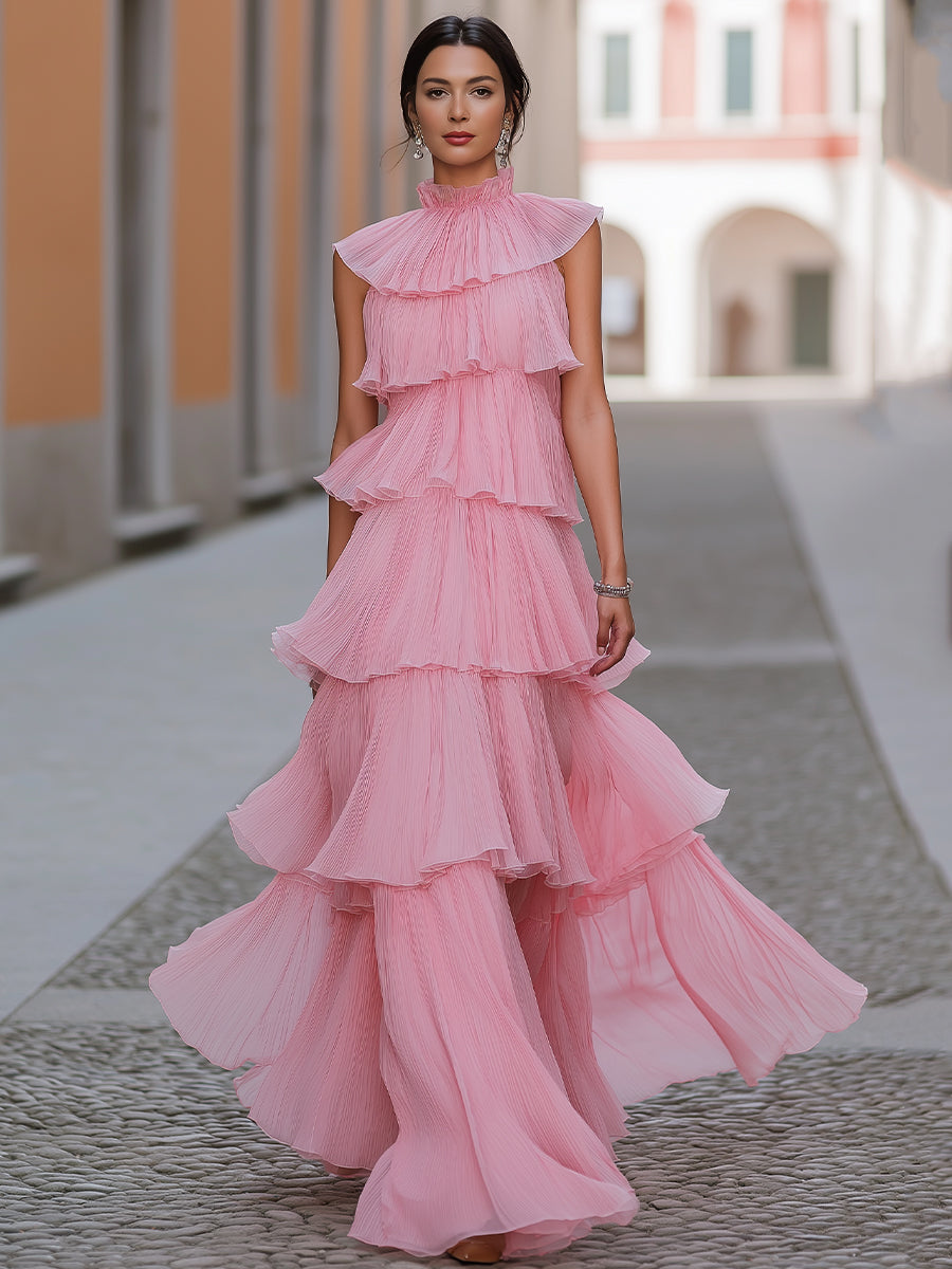Elegant Pink Pleated Tiered Ruffle Maxi Gown