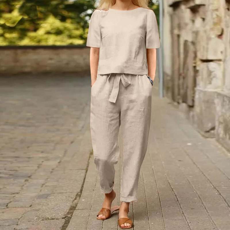 Plus Size Summer Fashion Solid Color Short-Sleeved Trousers Two-Piece Suit (Including Belt)