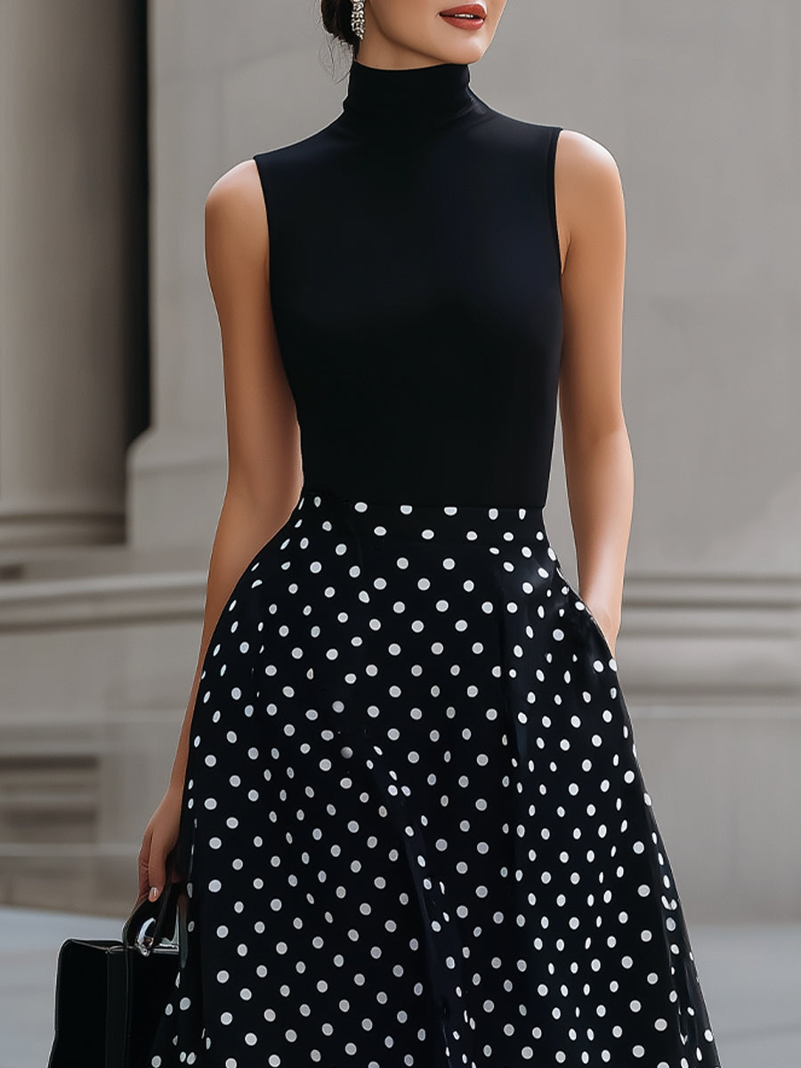 Timeless Black Turtleneck & Polka Dot Midi Dress
