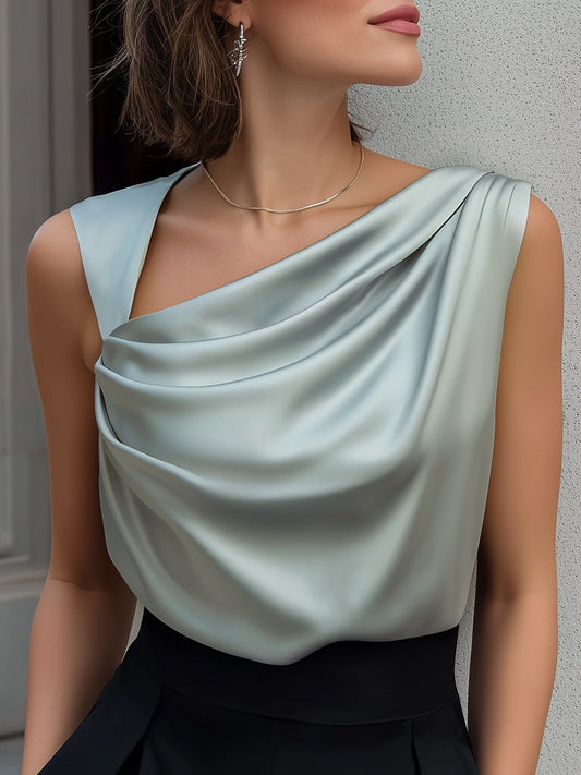 Elegant Sleeveless Satin Draped Neck Blouse