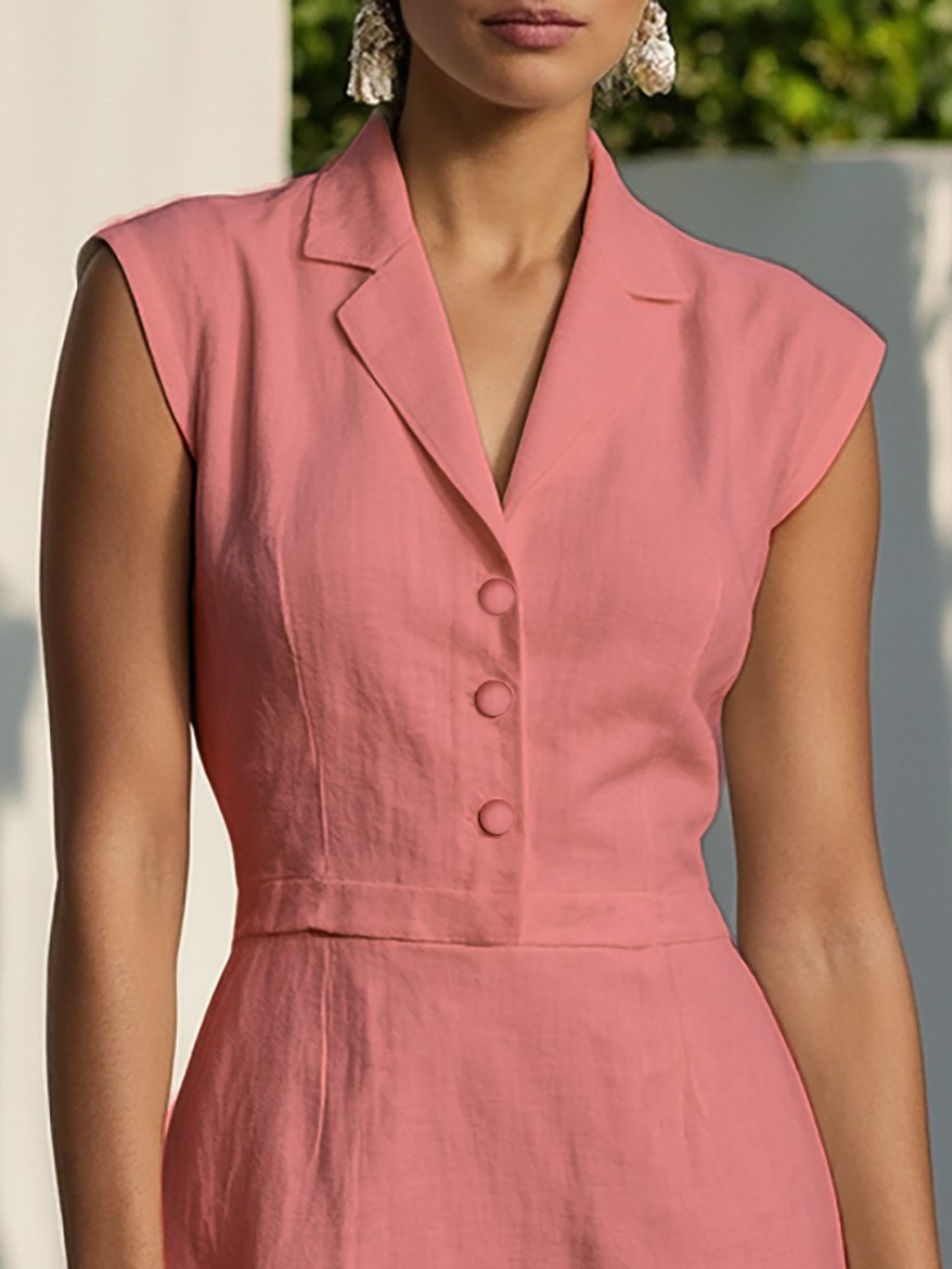 Maxi Linen-Cotton Blend Dress , Cap Sleeves, Shawl Collar, Plain, Button Design, Vintage, Pink