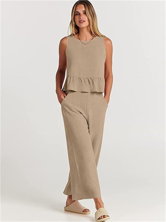 Sleeveless Pleated Vest Wide-Leg Cropped Pants Casual Suit