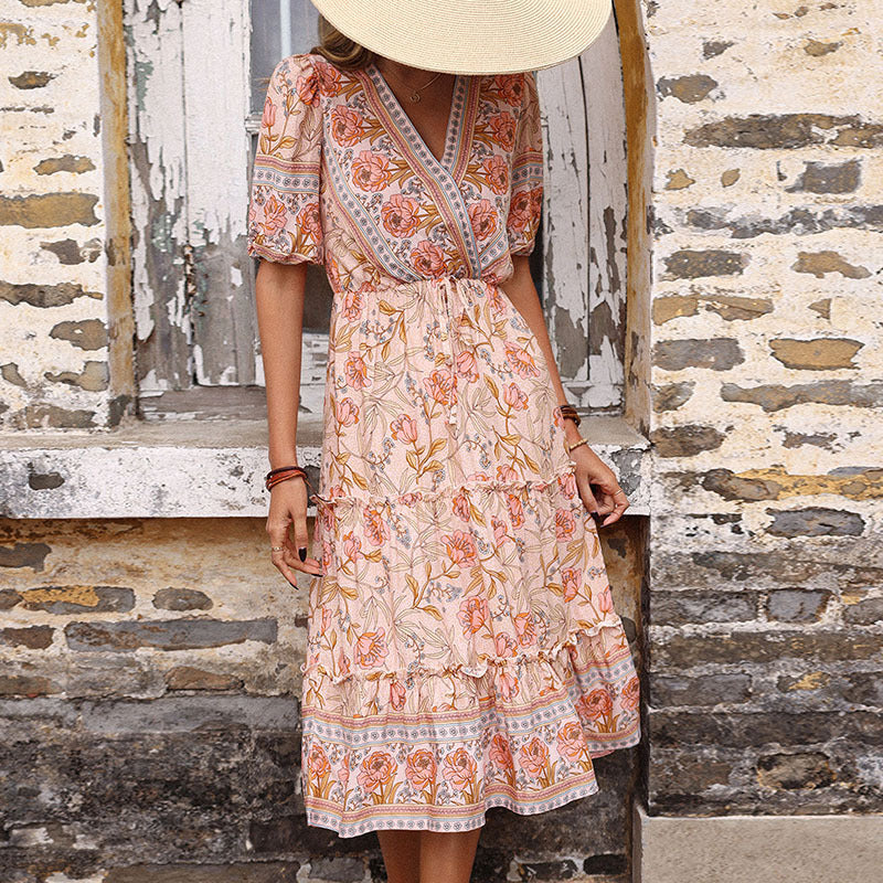 Pink Wooden Ear Printed V-neck Midi Boho Dress