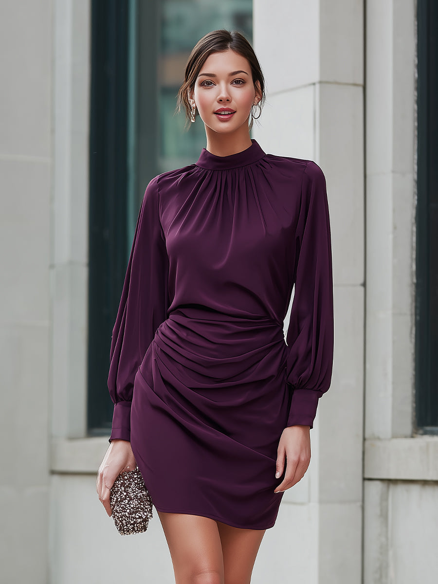 Ruched High Neck Long Sleeve Mini Dress