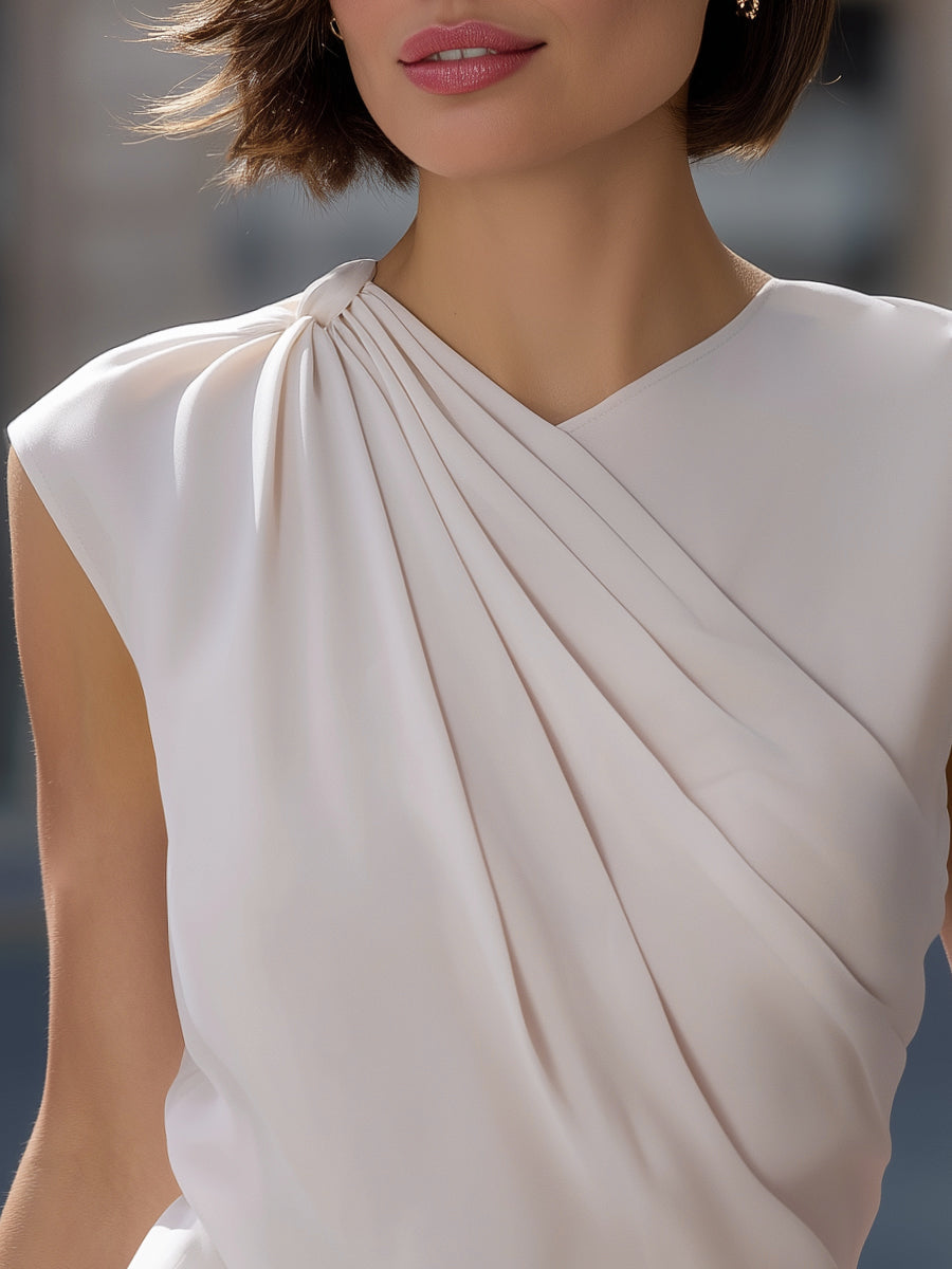 Asymmetric Pleated Sleeveless Draped Blouse