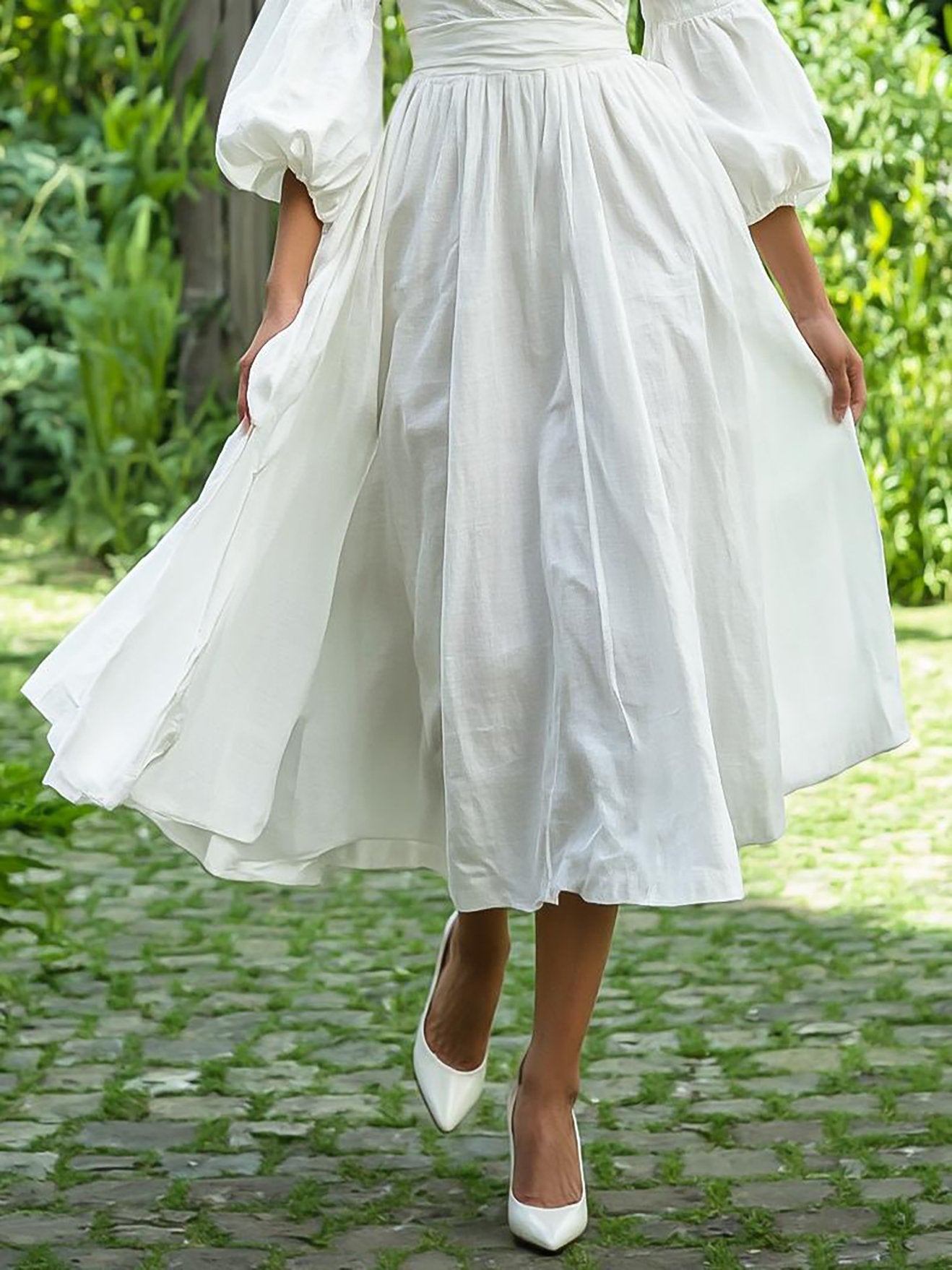 Maxi Linen Dress, Long Sleeve, Lace Collar, Cottagecore, Linen Blend, White