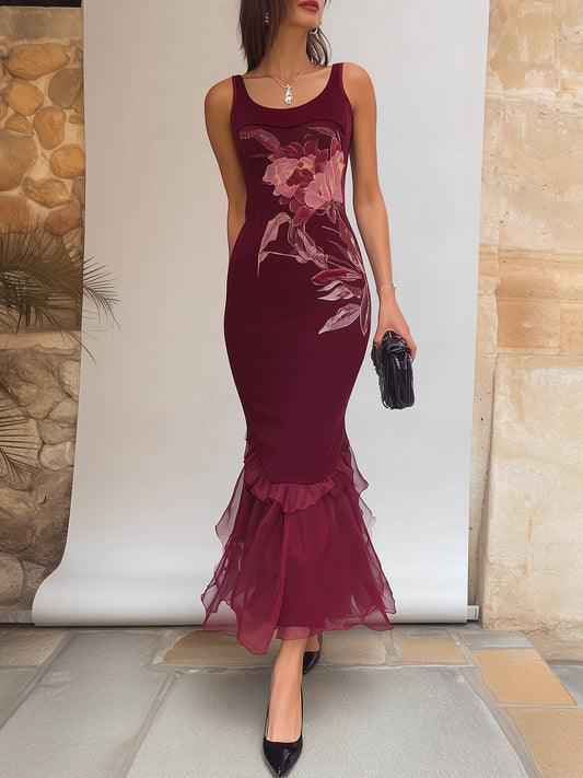 Elegant Burgundy Floral Mermaid Dress