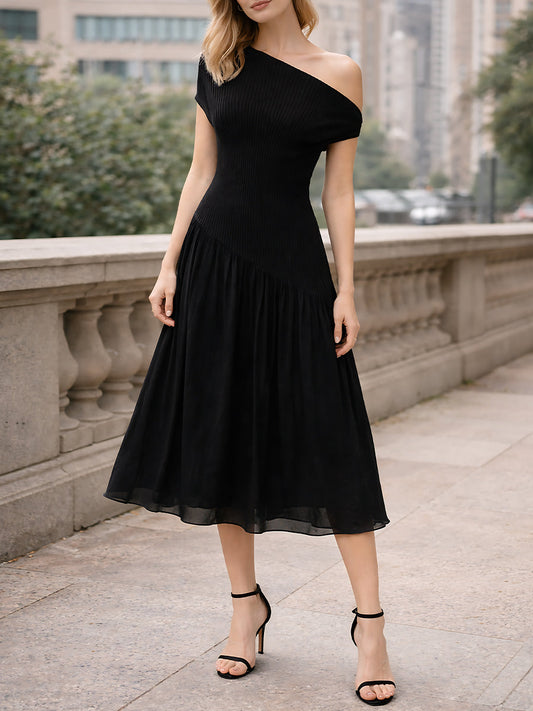 One-Shoulder Ribbed Bodice Asymmetrical Midi Dress