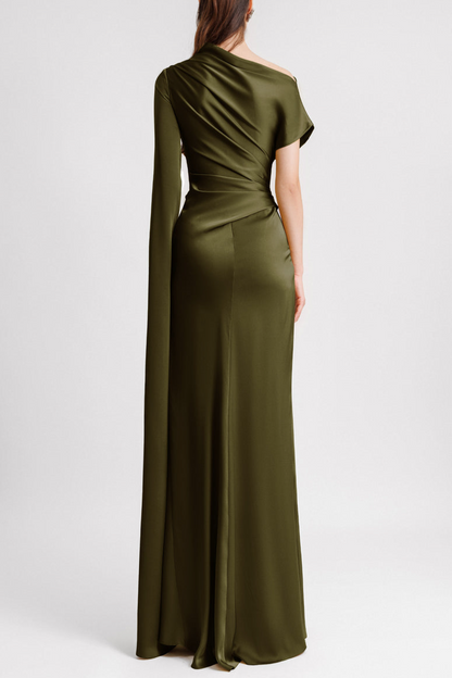 Asymmetrical Neckline Draped Olive Dress