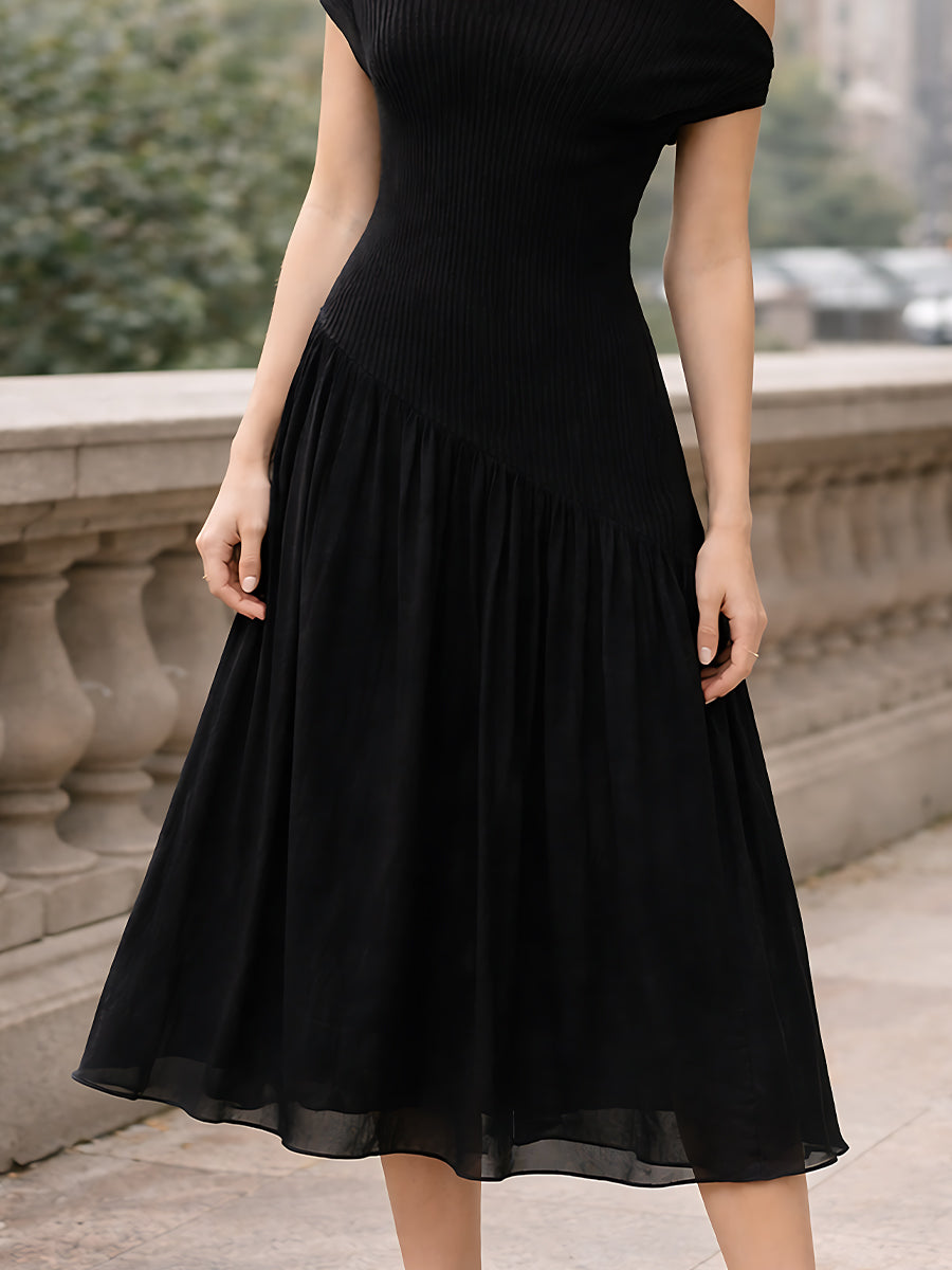 One-Shoulder Ribbed Bodice Asymmetrical Midi Dress