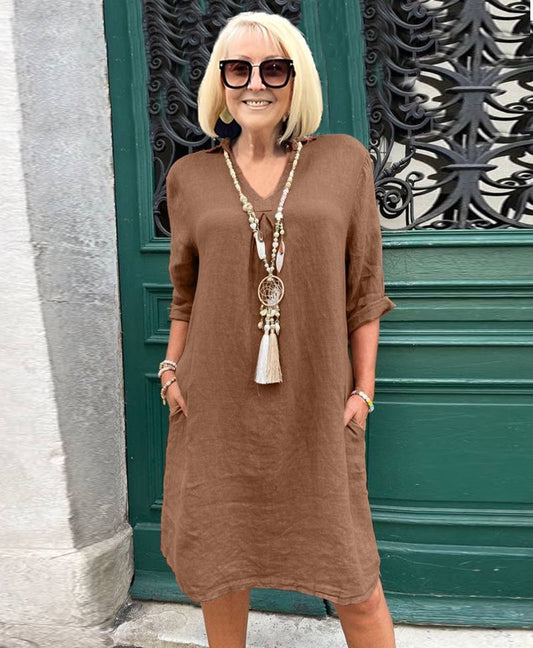 square neck cropped sleeve casual long Tunic Dress