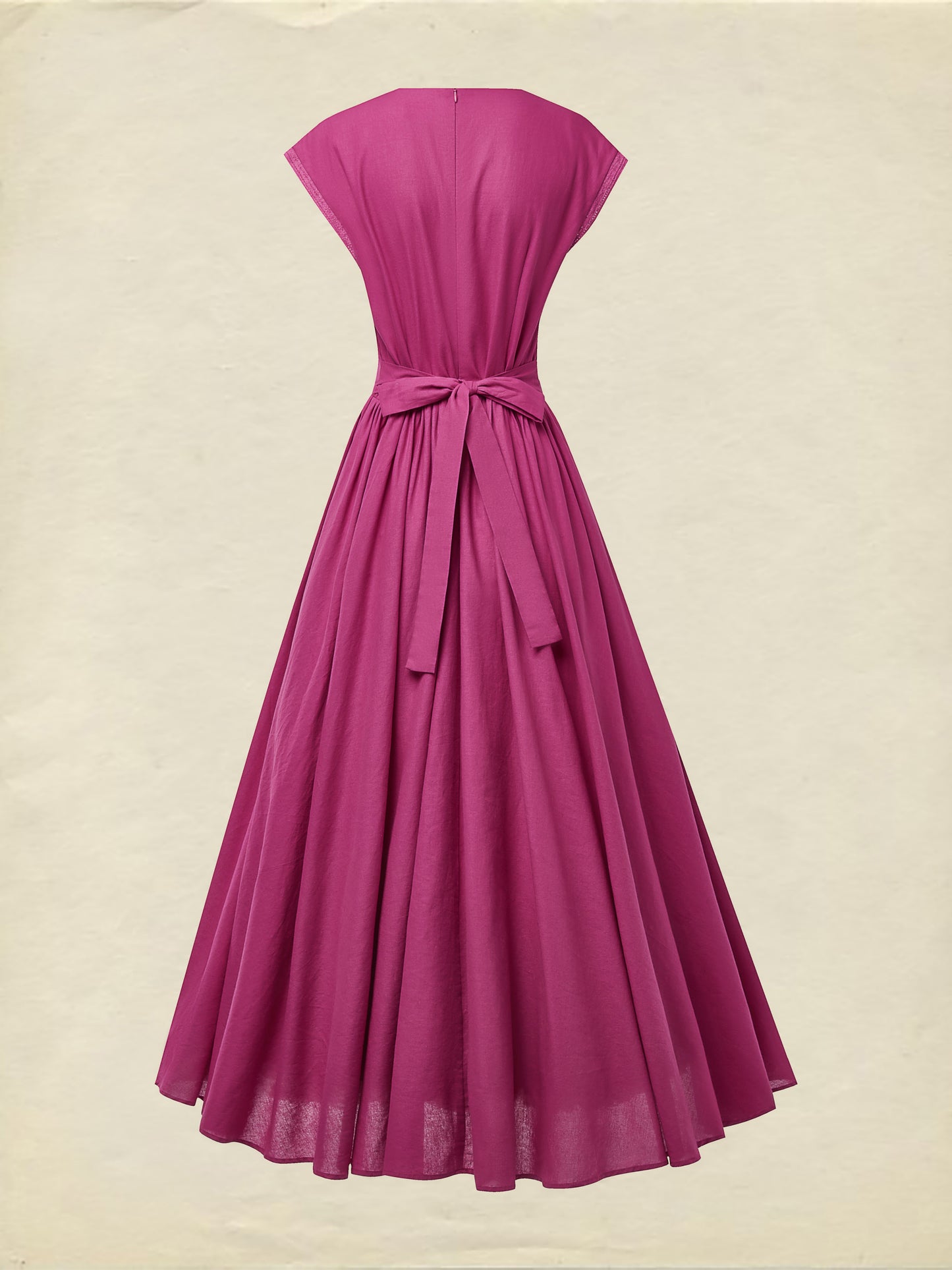 Maxi Linen Dress , Cap Sleeves, V Neck, Plain, Lace, Vintage, Rose Red