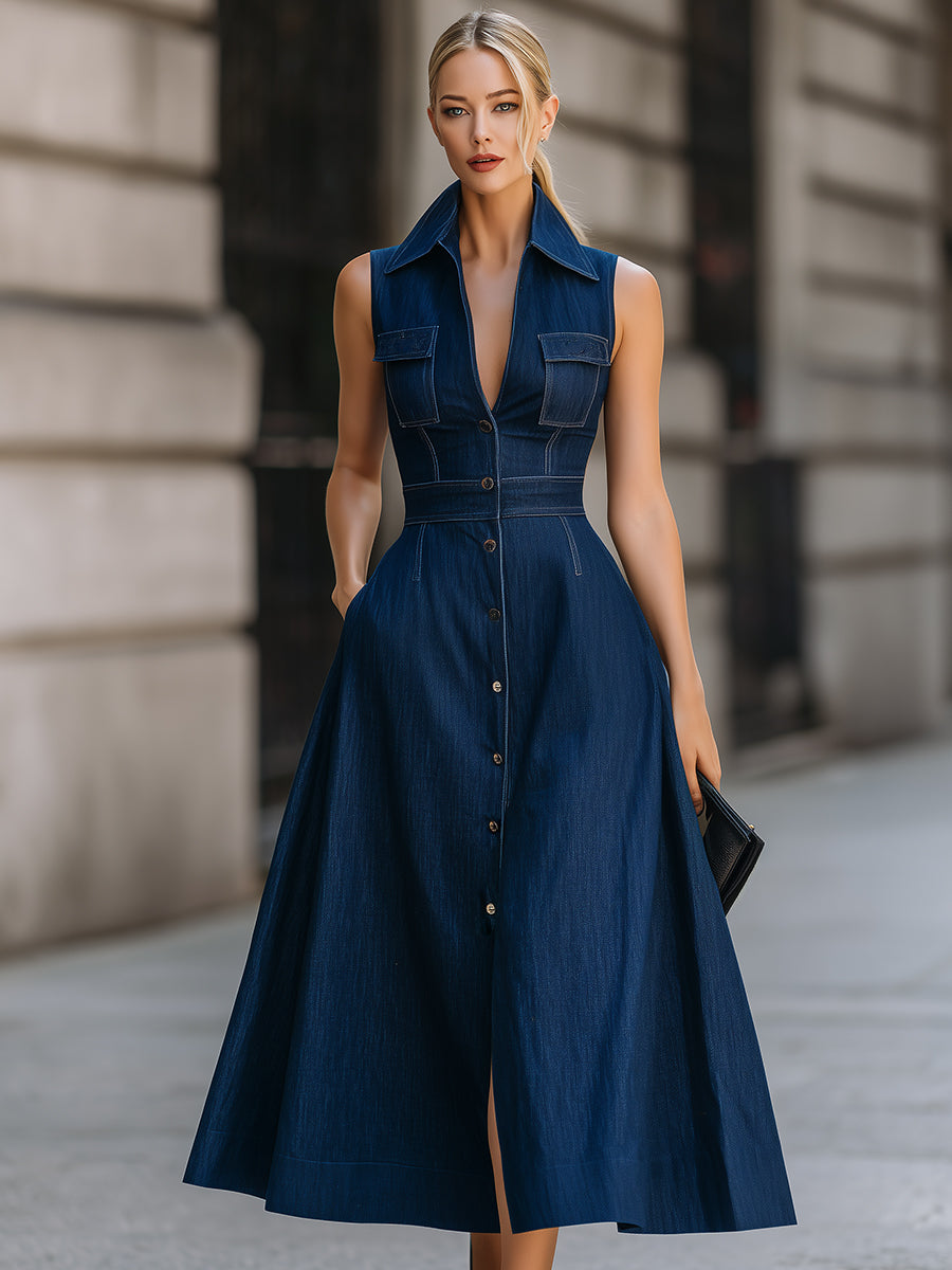 Retro Denim Button-Front Midi Shirt Dress