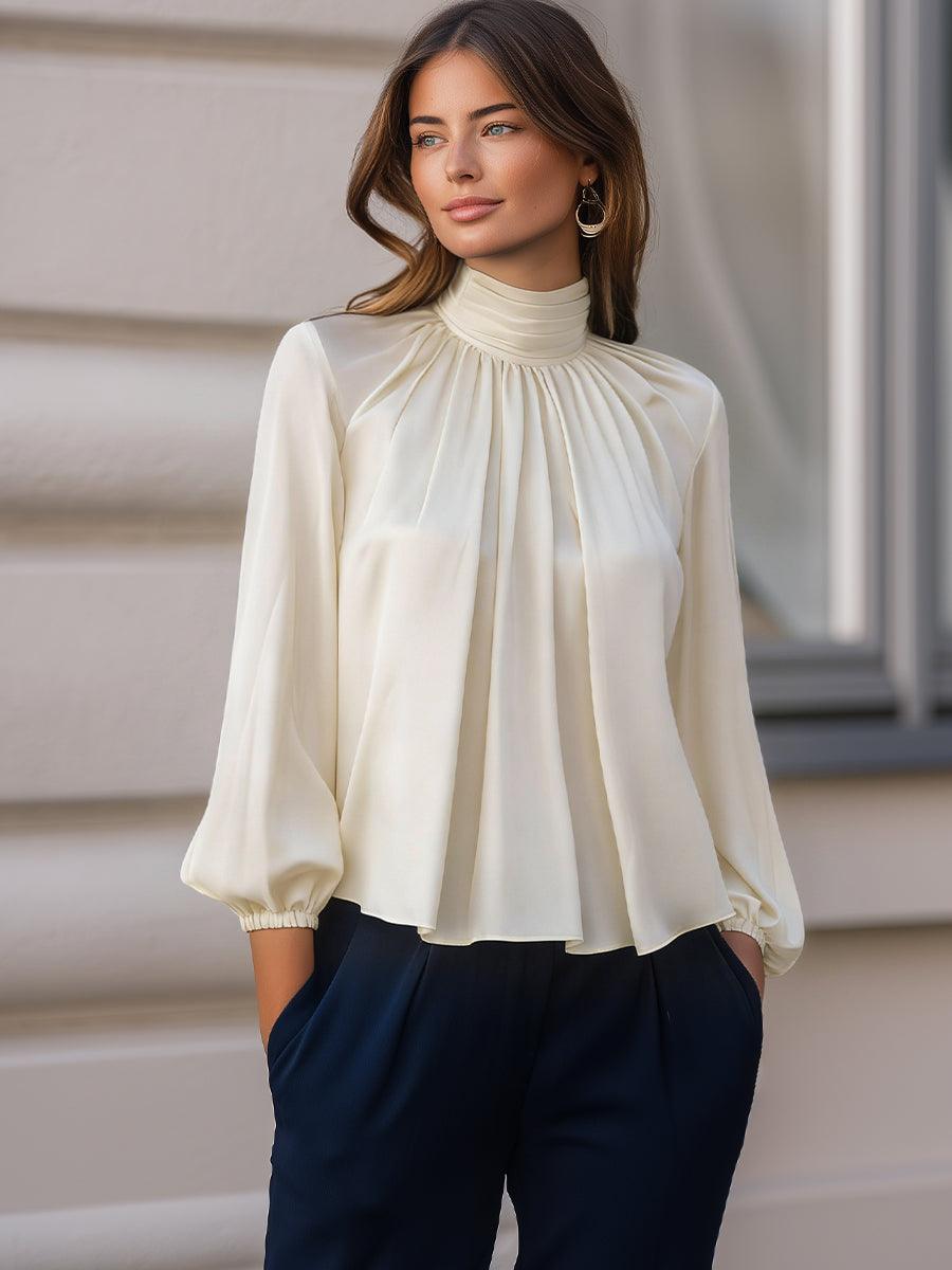 Satin High-Neck Draped Pleated Blouse