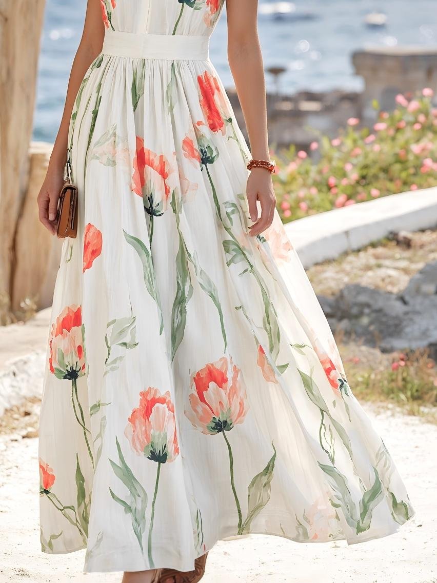 Maxi Linen Dress , Sleeveless, V Neck, Floral, Lace, Vacation, Vintage, Coral