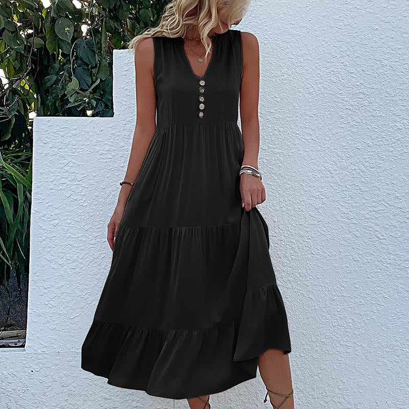 Sleeveless Draped Dress Loose V-neck Mid-Length Dress