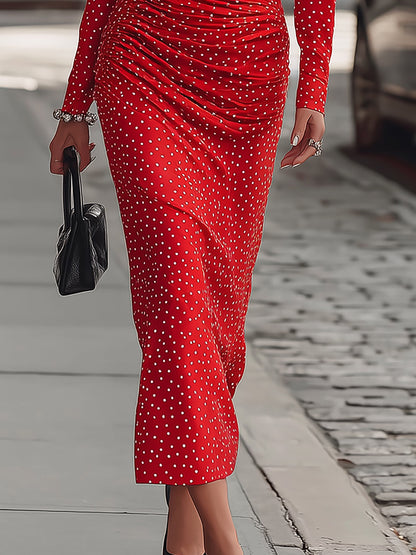 Elegant Red Polka Dot Satin Midi Dress