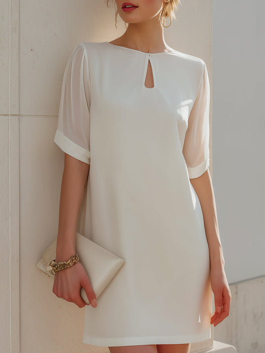 Sheer Sleeve Keyhole Neck Shift Dress