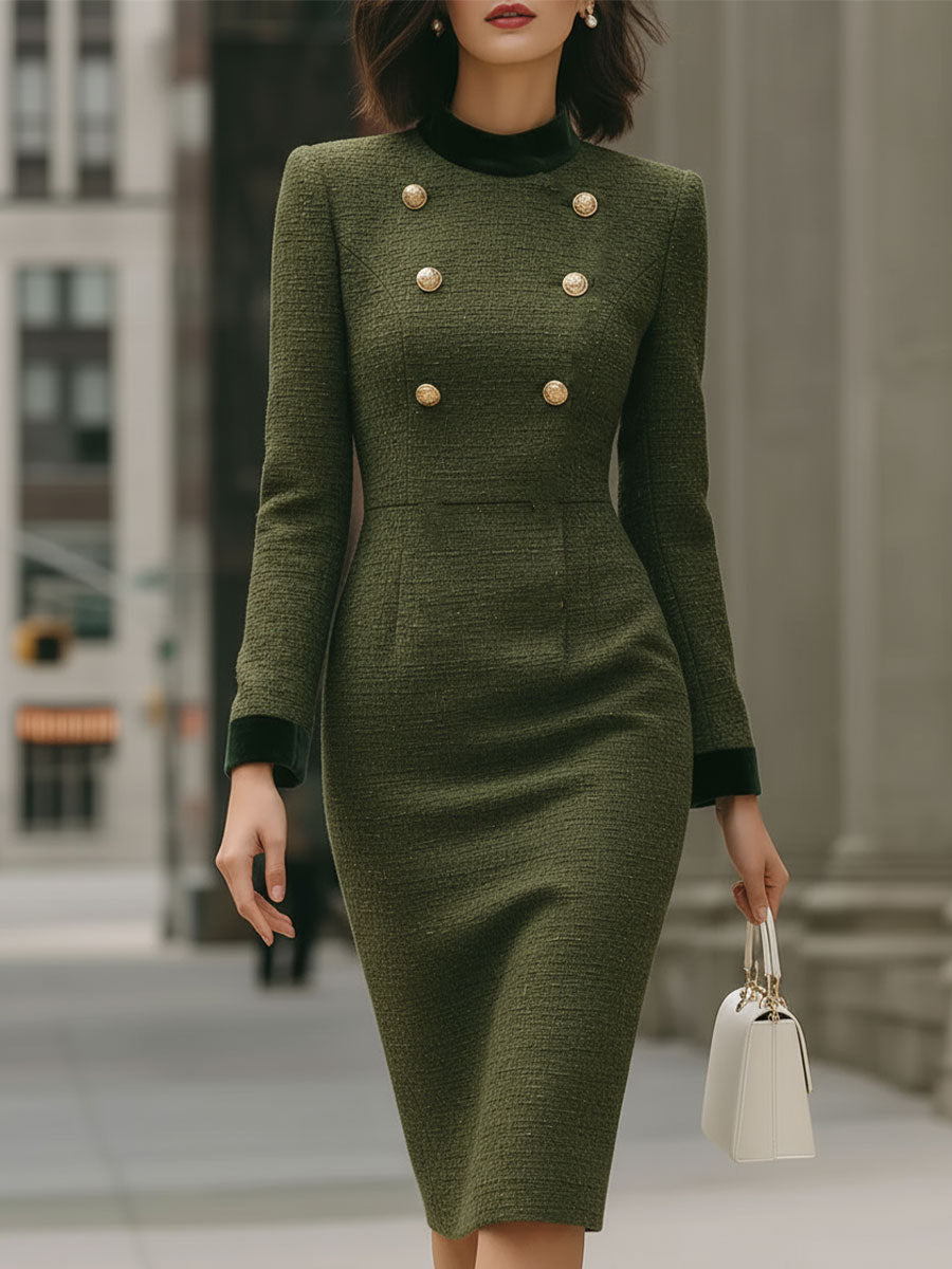 Elegant Olive Green Tweed Sheath Dress With Gold Buttons