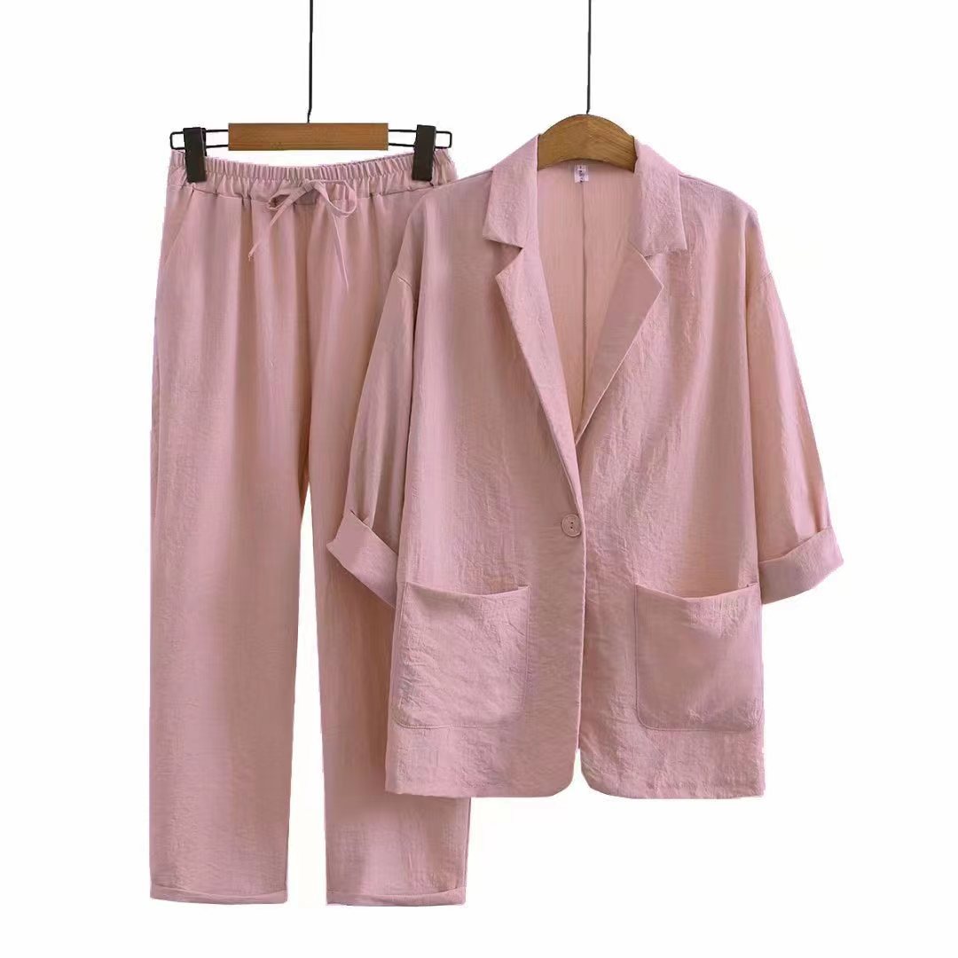 Autumn casual cotton and linen suit top+pants two-piece set