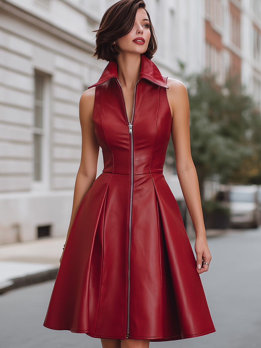 Sleeveless Zip-Front Faux Leather Fit-and-Flare Dress