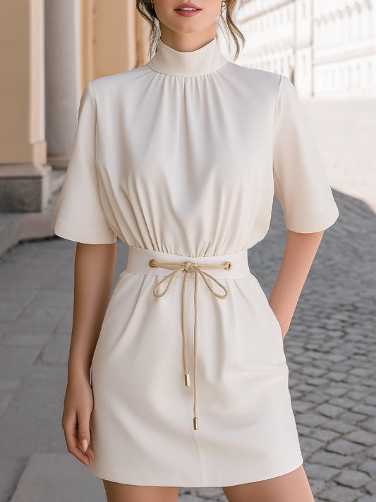 High-Neck Drawstring Waist Mini Dress