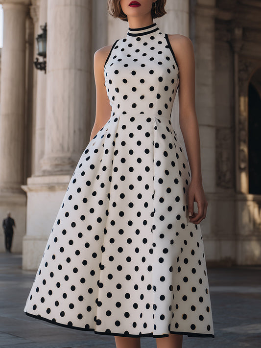 Elegant Polka Dot Halter Neck A-Line Midi Dress