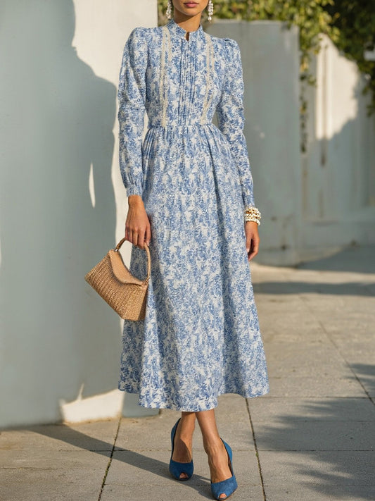 Maxi dress, Pure cotton,  pattern, Regular Fit, Long Sleeve, Blue