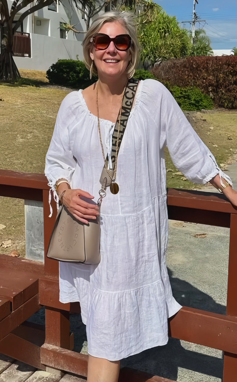 Cotton and Linen 3/4 Sleeve Tunic Midi Dress