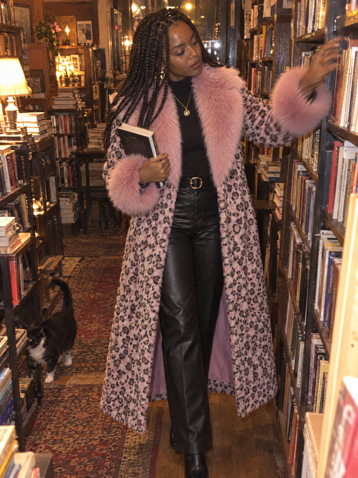 Elegant Pink Leopard Print Faux Fur Long Coat With Fluffy Collar And Cuffs