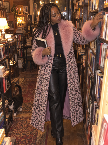 Elegant Pink Leopard Print Faux Fur Long Coat With Fluffy Collar And Cuffs