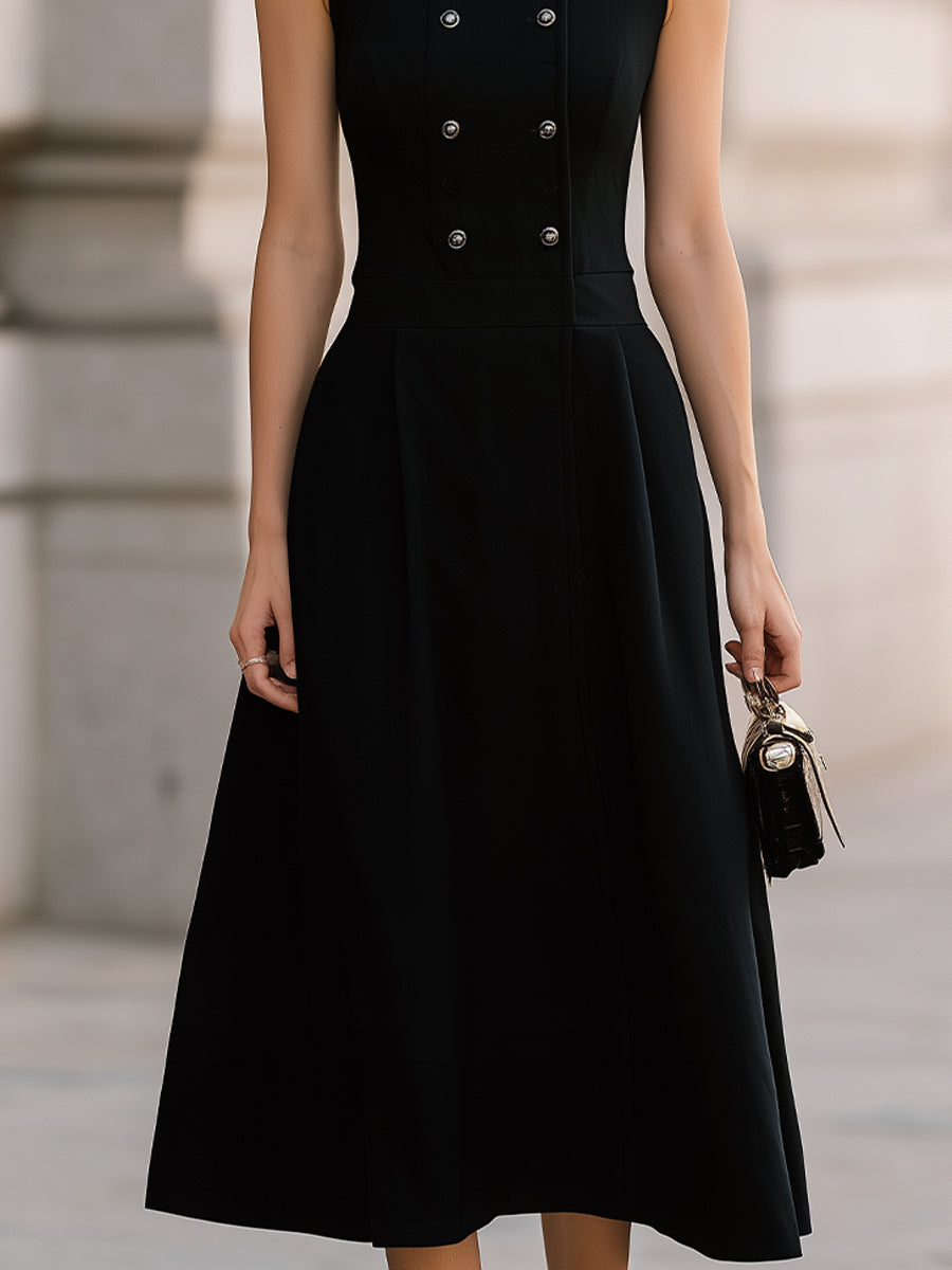 Black Sleeveless Mandarin-Collar Double-Breasted Midi Dress