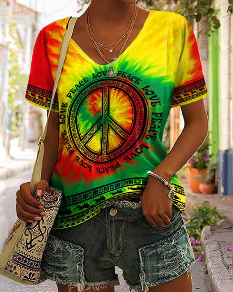 Tie-dye print V-neck short-sleeved T-shirt