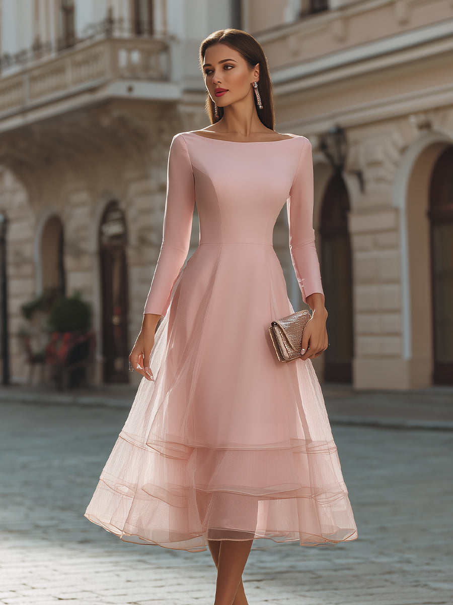 Long Sleeve Layered Midi Dress With Defined Waist