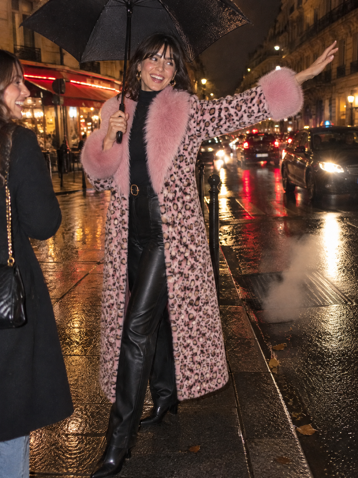 Elegant Pink Leopard Print Faux Fur Long Coat With Fluffy Collar And Cuffs