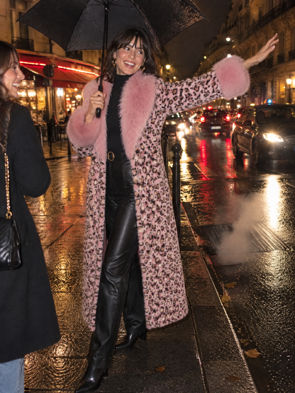 Elegant Pink Leopard Print Faux Fur Long Coat With Fluffy Collar And Cuffs