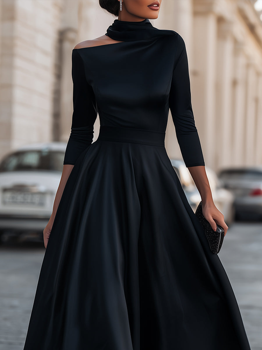 Asymmetric High-Neck Long Sleeve Midi Dress