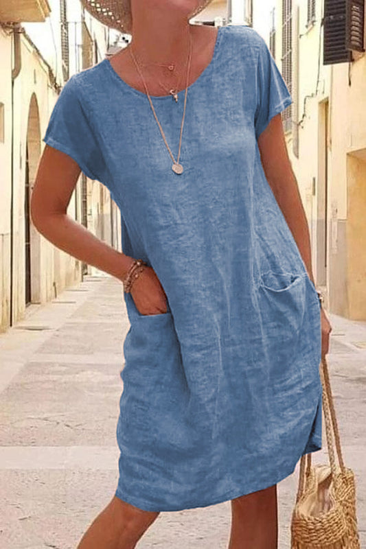 Plus Size Loose Solid Color Pocket Short Sleeve round Neck Cotton and Linen Dress