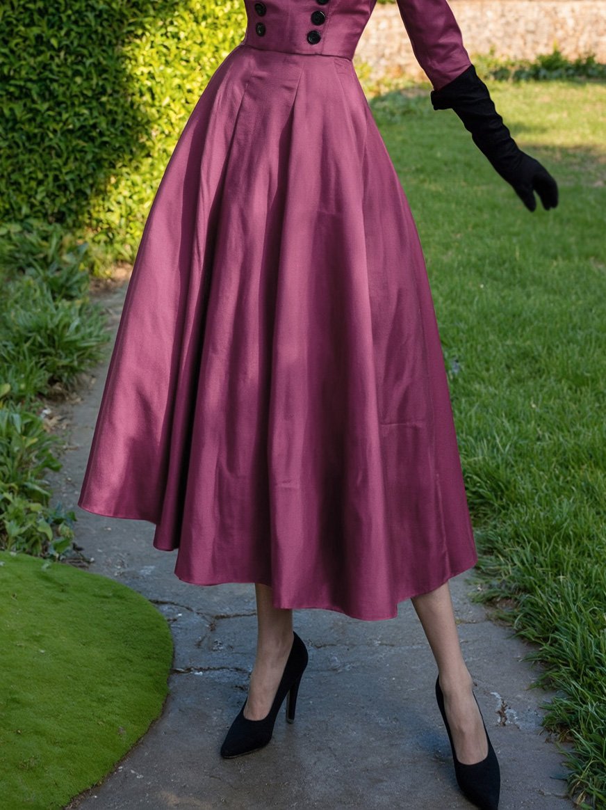 Midi Cotton Dress, Half Sleeve, Round Neck, Plain, Button Design, Vintage, Deep Purple