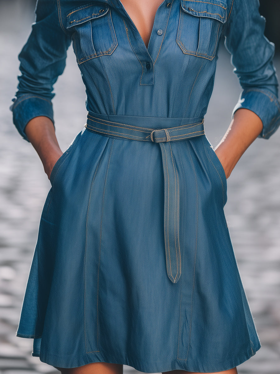 Belted Denim Shirt Dress With Flap Pockets