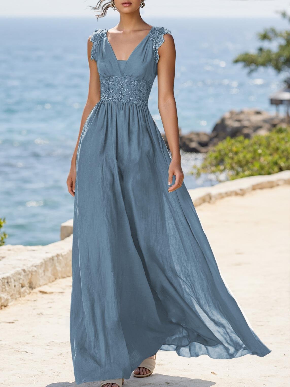 (SIZE:XS-XXL)Linen Maxi Dress, Sleeveless, V neck, Plain, Vintage, Cyan