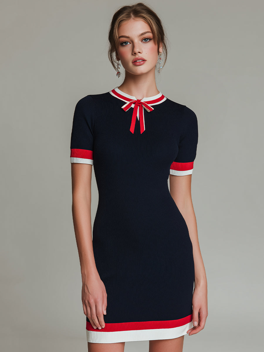 Elegant Ribbed Knit Mini Dress With Contrast Trim Bow