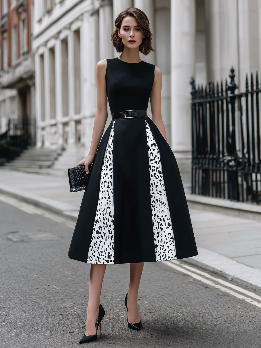 Contrast Leopard Panel Belted A-Line Midi Dress