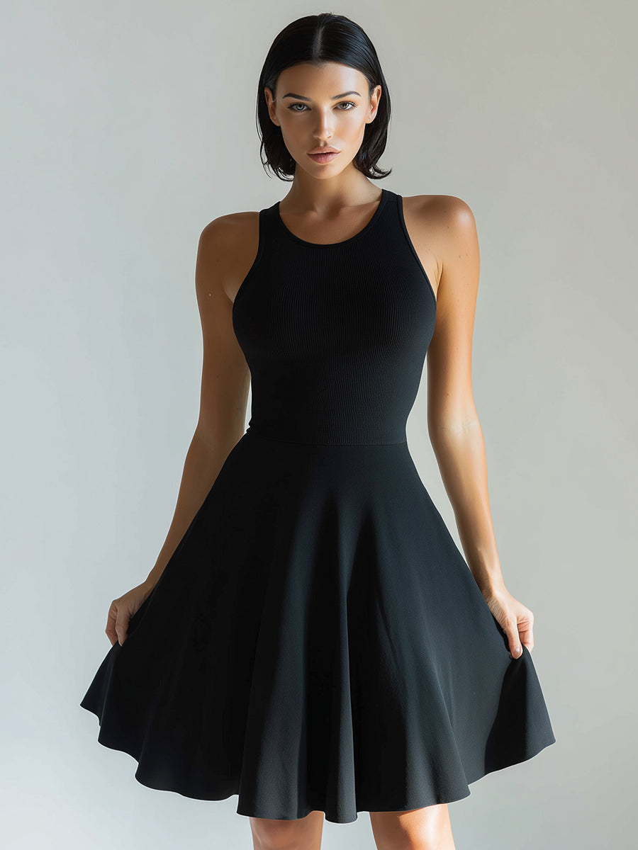 Black Sleeveless Ribbed Fit-and-Flare Mini Dress