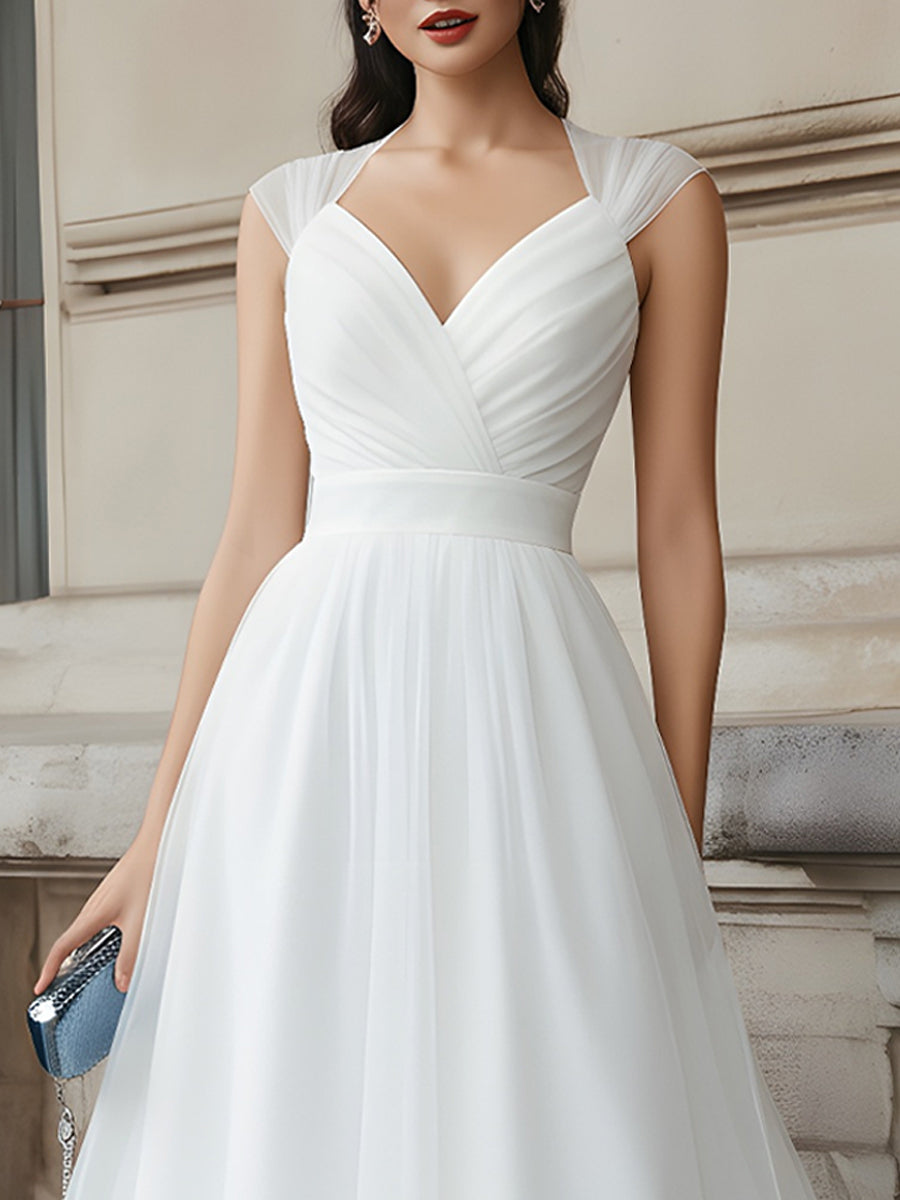 V-Neck Pleated Midi Dress With Cap Sleeves